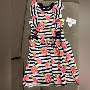 Bonnie Jean Navy and White Striped Dress with Pink Floral